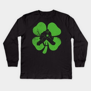 Hockey Player Shamrock Clover Funny St Patricks Day Kids Long Sleeve T-Shirt